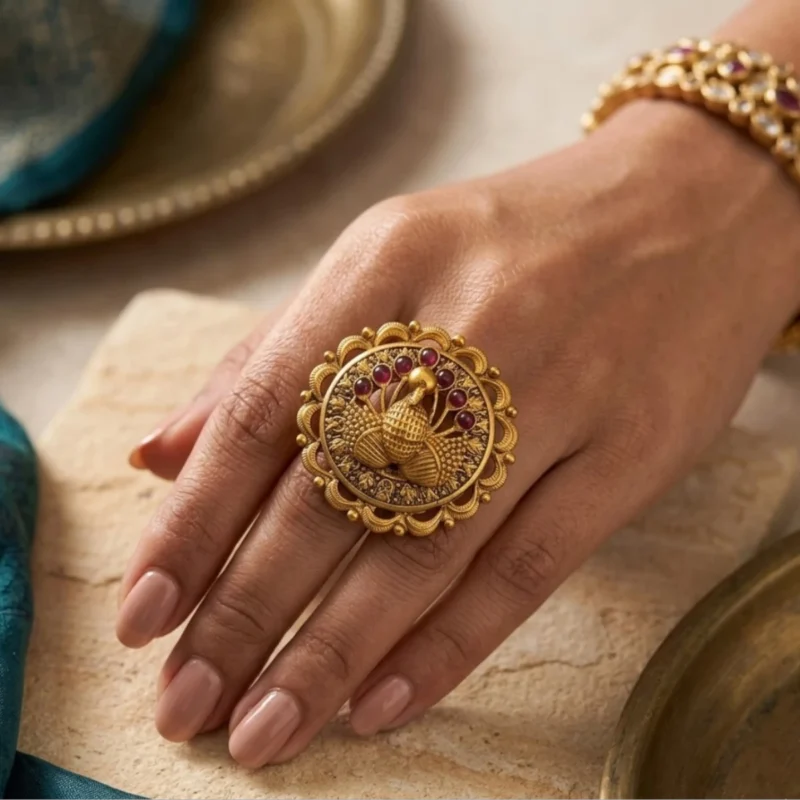Women wearing Peacock gold adjustable temple ring with ruby-toned accents by STONIRA