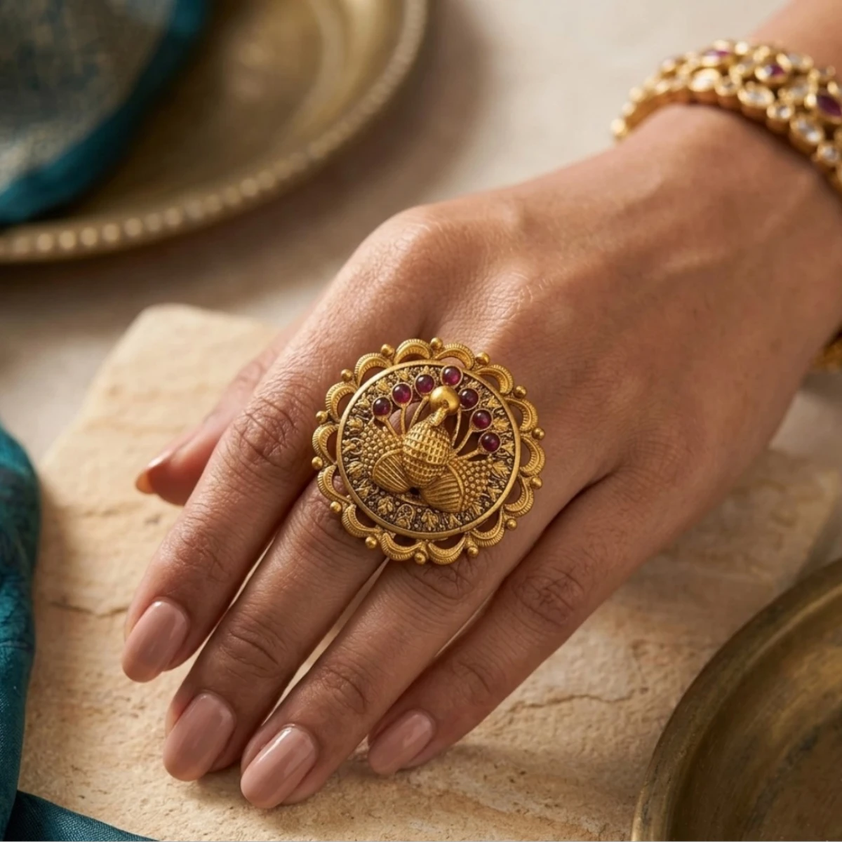 IMG_9906 Women wearing Peacock gold adjustable temple ring with ruby-toned accents by STONIRA