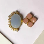 STONIRA adjustable statement ring featuring a large Blue Chalcedony gemstone, Rose Quartz accents, pearl detailing, and a gold-tone setting.