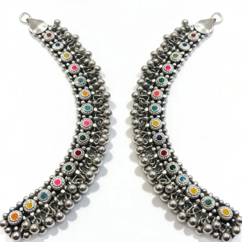 Close-up-of-STONIRA-oxidized-silver-anklet-showing-S-hook-clasp-adjustable-chain-and-multicolor-enamel-settings.