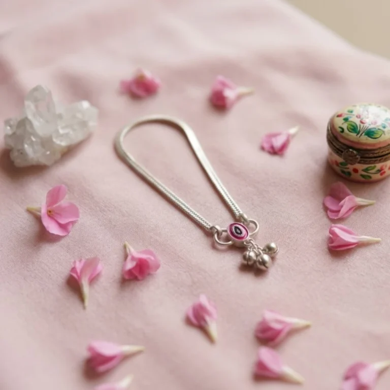 STONIRA-modern-silver-snake-chain-payal-anklet-arranged-on-a-soft-pink-cloth-backdrop-surrounded-by-scattered-pink-petals-a-quartz-crystal-and-a-small-trinket-box.