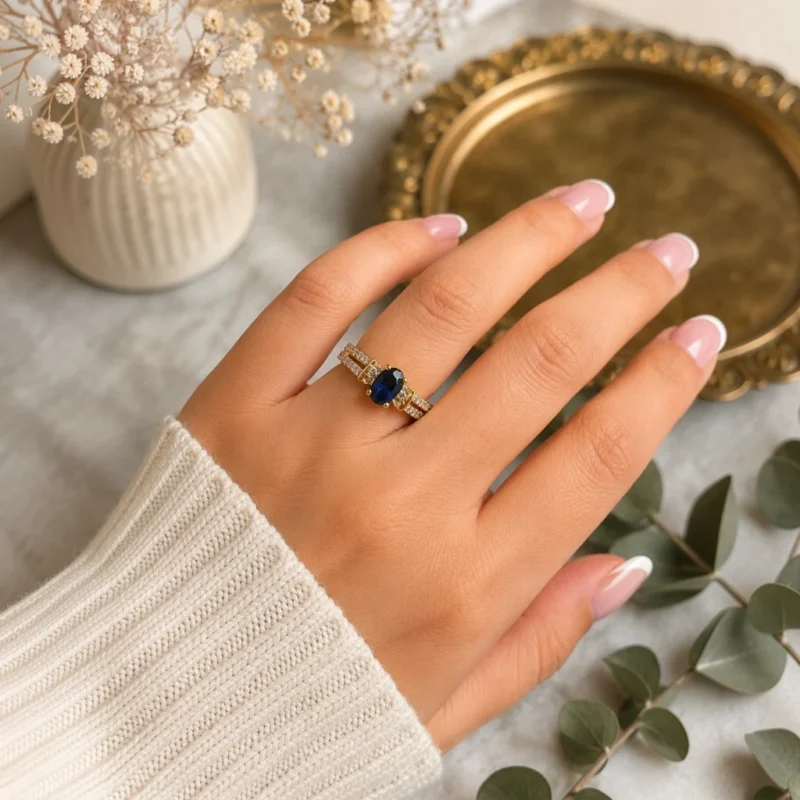 Women wearing Elegant STONIRA gold-toned adjustable cocktail ring displaying a central oval navy blue sapphire-colored gemstone flanked by baguette crystals on a white backdrop.