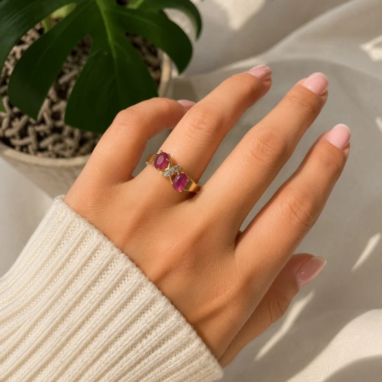 Women-wearing-STONIRA-gold-plated-statement-ring-featuring-a-balanced-vertical-alignment-of-two-oval-ruby-pink-gemstones-connected-by-a-delicate-S-curve-of-clear-crystal-pave
