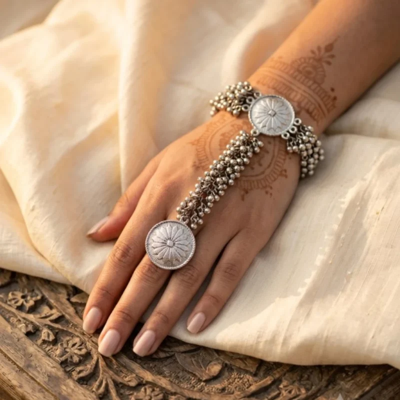 Women wearing STONIRA oxidised silver floral hathphool hand harness bracelet featuring sunburst medallions and dense ghungroo bell clusters