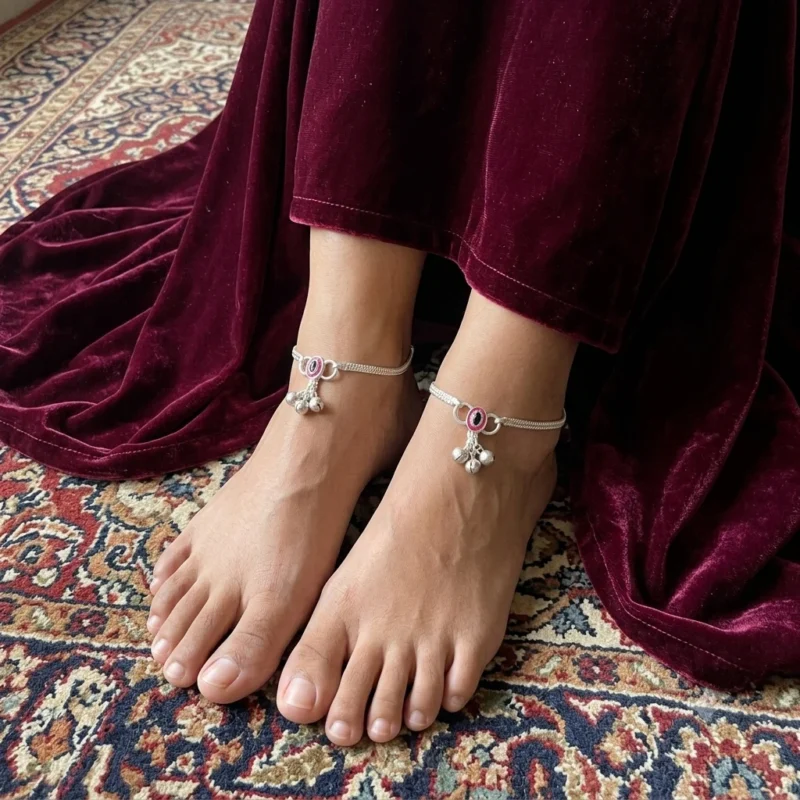 Women-wearing-STONIRA-silver-payal-anklet-on-a-foot-highlighting-the-pink-enamel-charm-and-three-small-hanging-silver-bells.