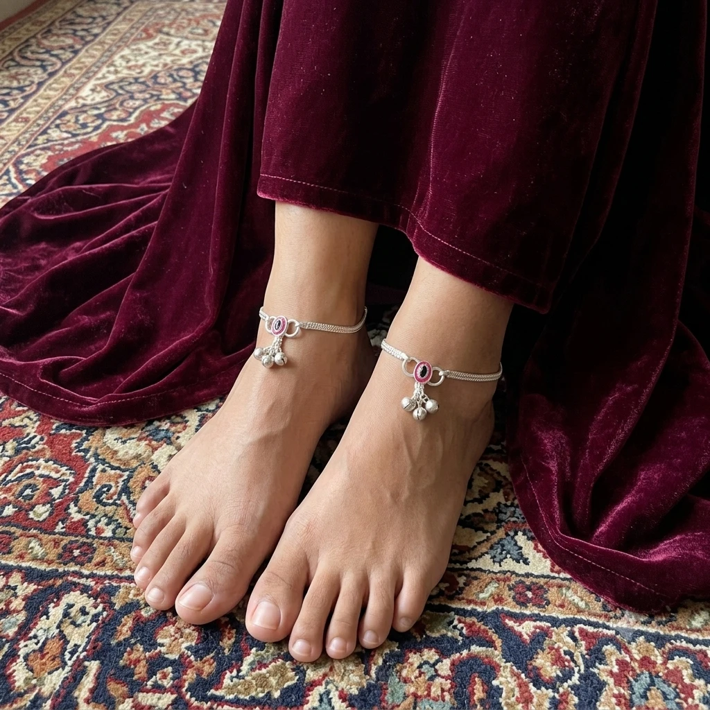 Women wearing STONIRA silver payal anklet on a foot, highlighting the pink enamel charm and three small hanging silver bells Women-wearing-STONIRA-silver-payal-anklet-on-a-foot-highlighting-the-pink-enamel-charm-and-three-small-hanging-silver-bells.